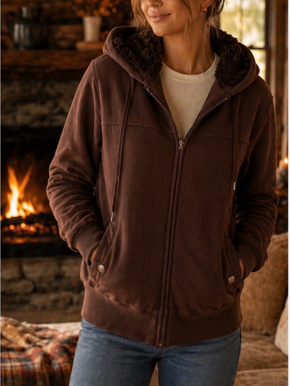 Green Tea Brown Faux Fur Lined Zip Hoodie Jacket Women’s Large